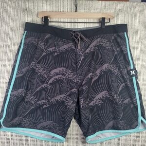 Hurley Board Shorts Mens 36 Black Gray Wave Print Swim Trunks Surf‎ Retro Beach